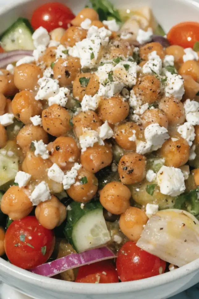 Colorful Mediterranean chickpea bowl with roasted chickpeas, fresh vegetables, feta cheese, and lemon herb dressing - a 380-calorie weight loss meal packed with protein and fiber
