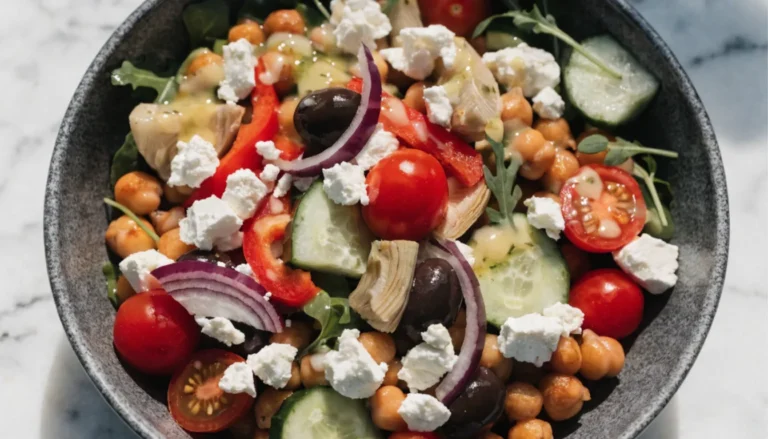Colorful Mediterranean chickpea bowl with roasted chickpeas, fresh vegetables, feta cheese, and lemon herb dressing - a 380-calorie weight loss meal packed with protein and fiber