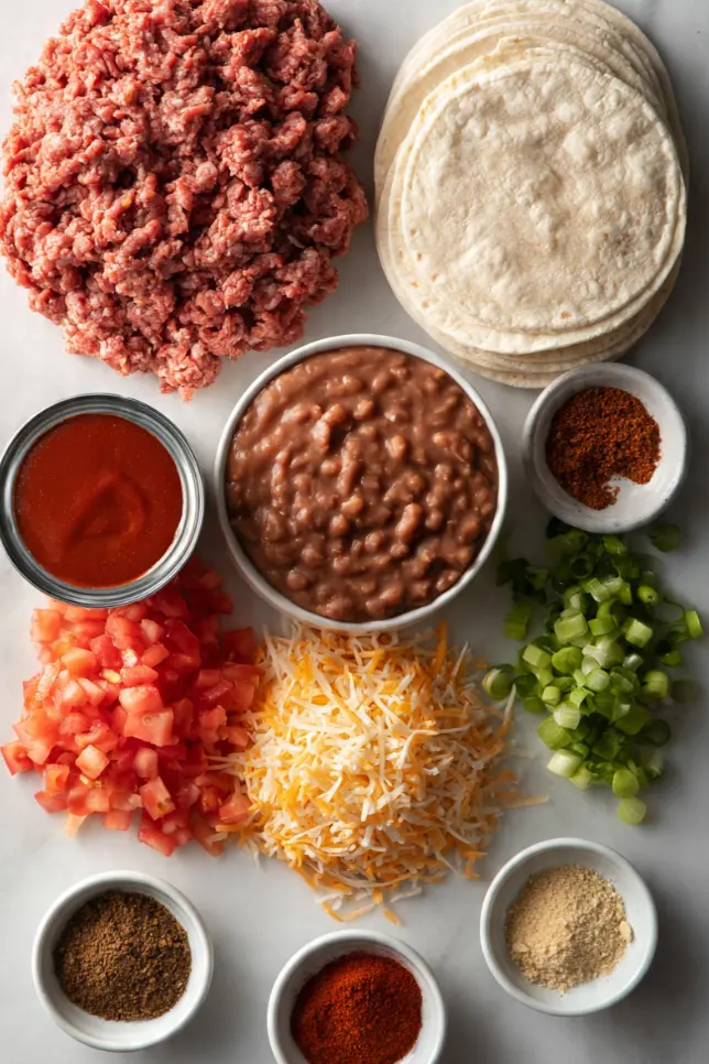 All ingredients for copycat Taco Bell Mexican pizza laid out on a white marble surface including ground beef, flour tortillas, refried beans, enchilada sauce, cheese, tomatoes and spices