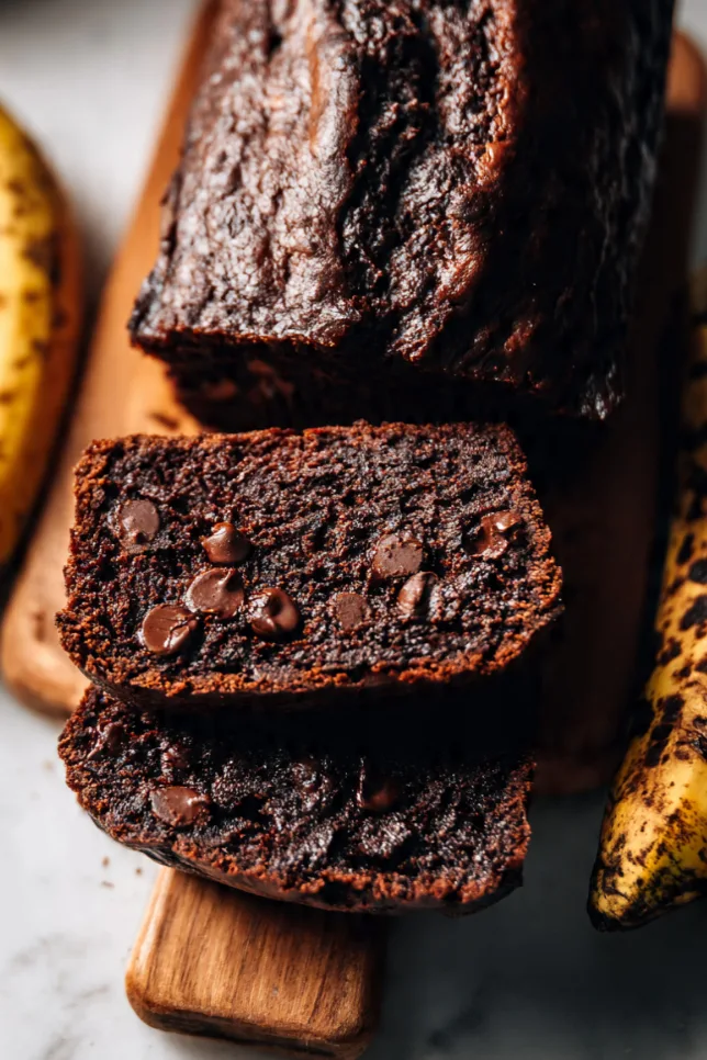 Sliced chocolate banana bread loaf on a marble board showing moist fudgy interior with melted chocolate chip pockets