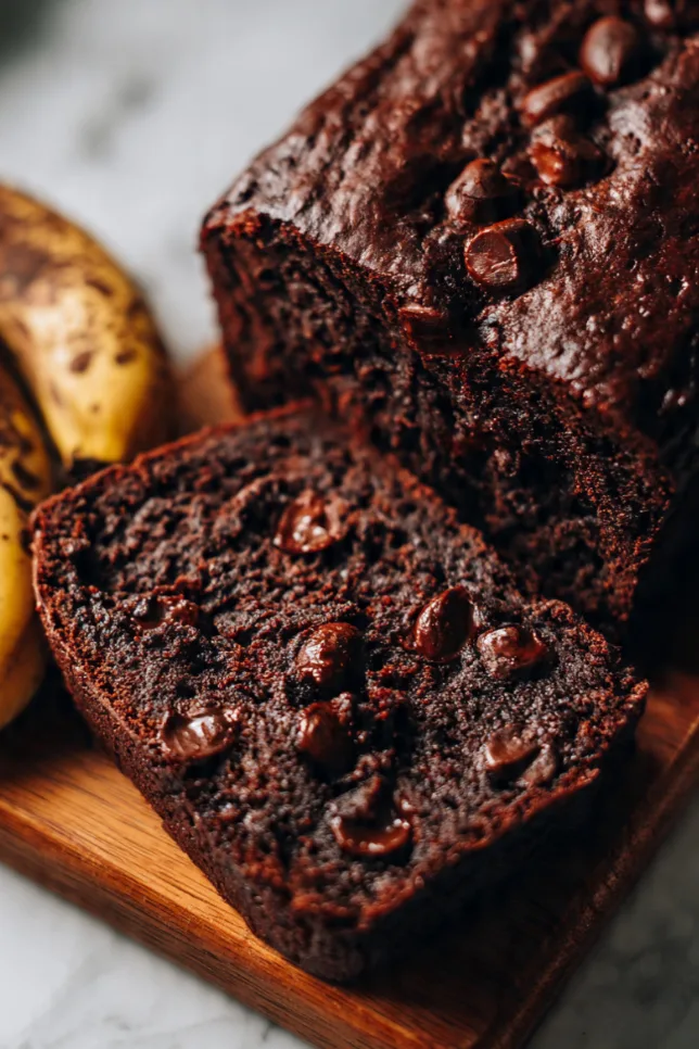 Sliced chocolate banana bread loaf on a marble board showing moist fudgy interior with melted chocolate chip pockets