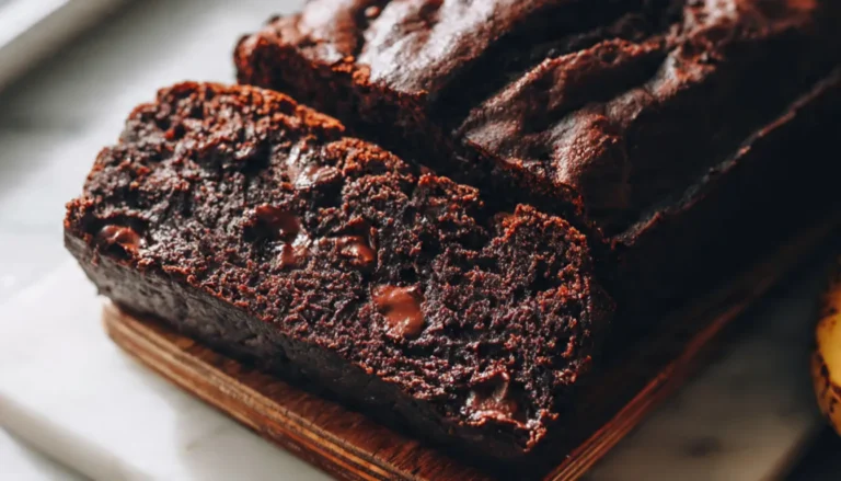 Sliced chocolate banana bread loaf on a marble board showing moist fudgy interior with melted chocolate chip pockets