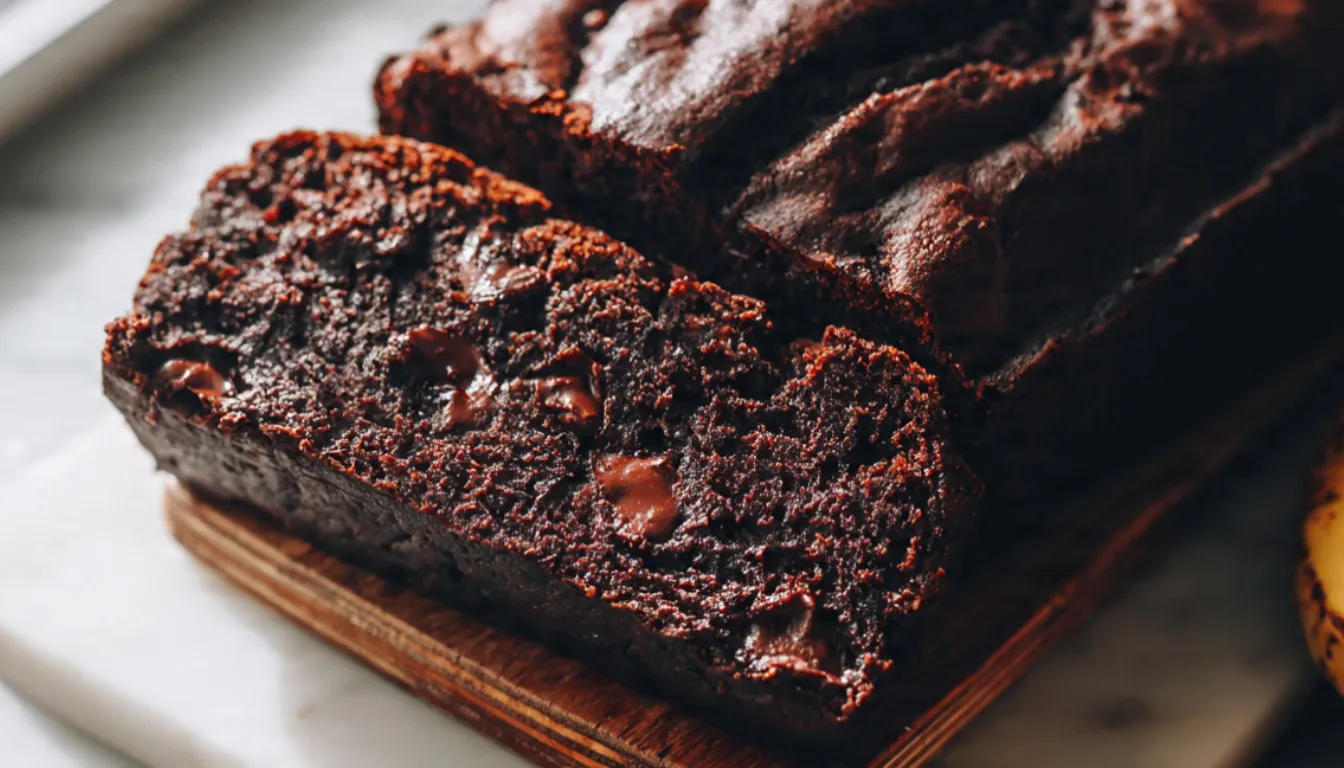 Sliced chocolate banana bread loaf on a marble board showing moist fudgy interior with melted chocolate chip pockets