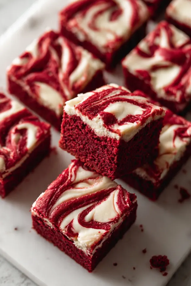 Red velvet cheesecake brownies with cream cheese swirl cut into squares on white marble