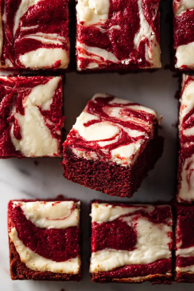 Red velvet cheesecake brownies with cream cheese swirl cut into squares on white marble