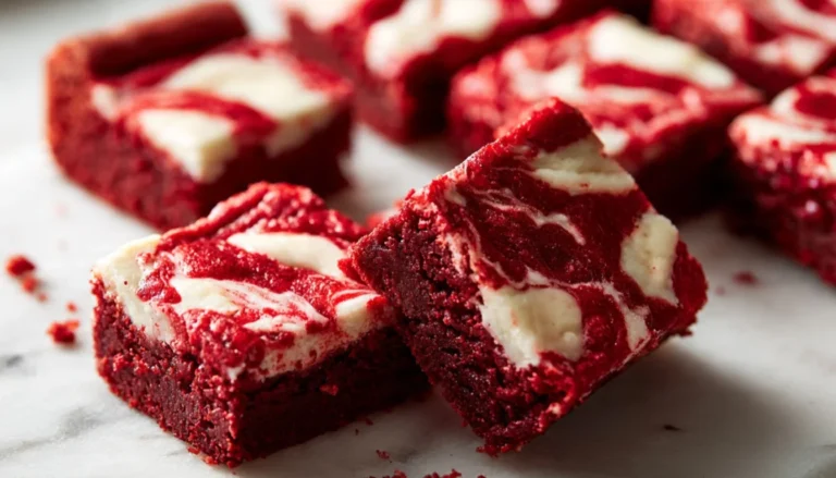 Red velvet cheesecake brownies with cream cheese swirl cut into squares on white marble