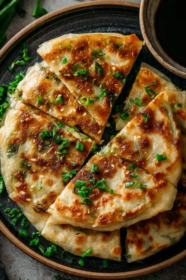 Golden crispy scallion pancakes cut into wedges on a dark plate with soy dipping sauce