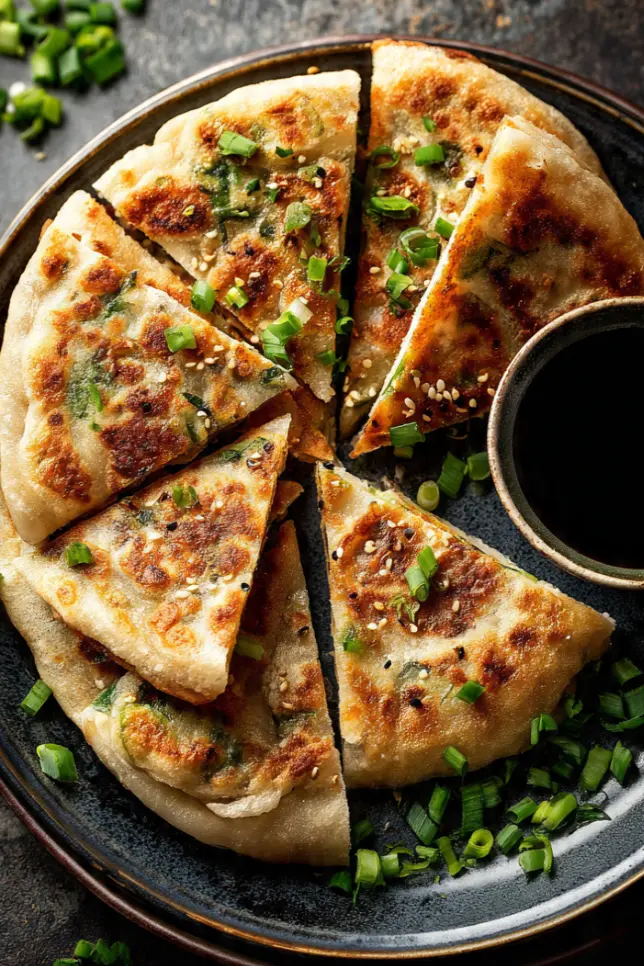 Golden crispy scallion pancakes cut into wedges on a dark plate with soy dipping sauce