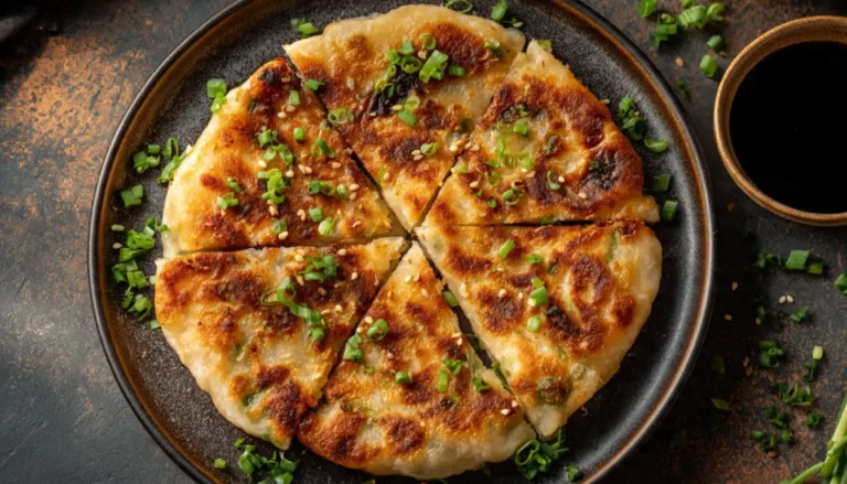 Golden crispy scallion pancakes cut into wedges on a dark plate with soy dipping sauce