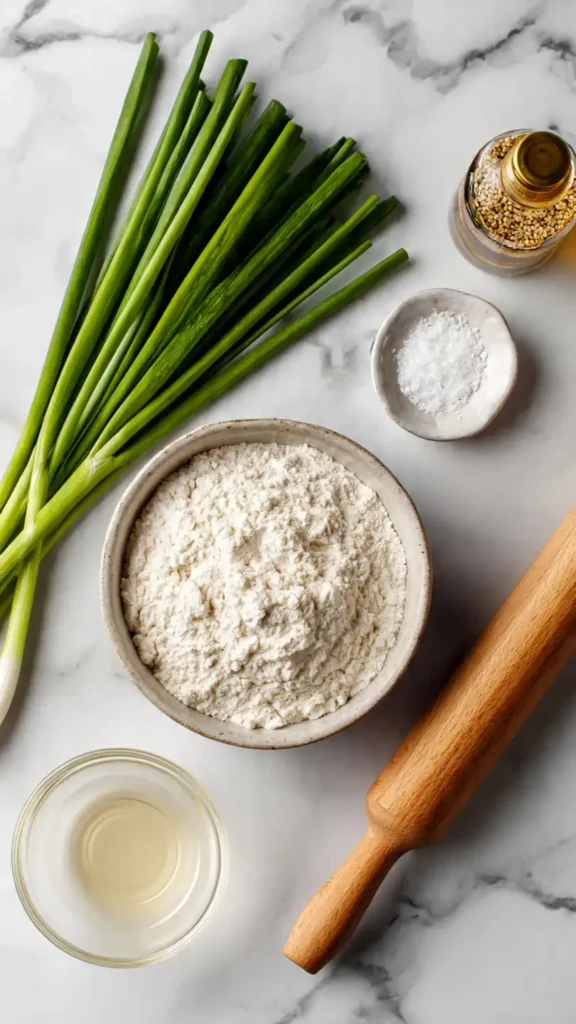 Flat lay of scallion pancake ingredients including flour, fresh scallions, sesame oil, and sea salt on white marble