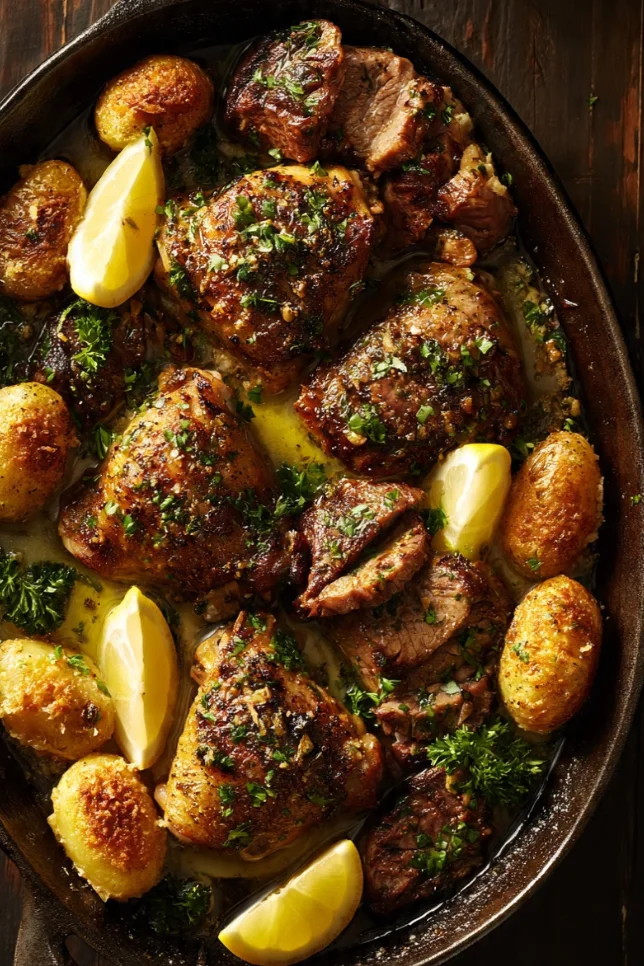 Slow-cooked garlic butter chicken thighs and sliced ribeye steak served with golden Parmesan potatoes in a cast iron skillet