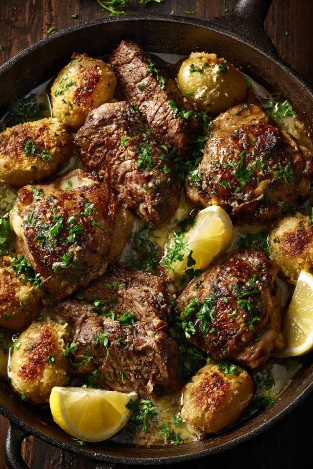 Slow-cooked garlic butter chicken thighs and sliced ribeye steak served with golden Parmesan potatoes in a cast iron skillet
