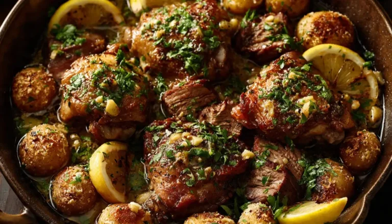 Slow-cooked garlic butter chicken thighs and sliced ribeye steak served with golden Parmesan potatoes in a cast iron skillet