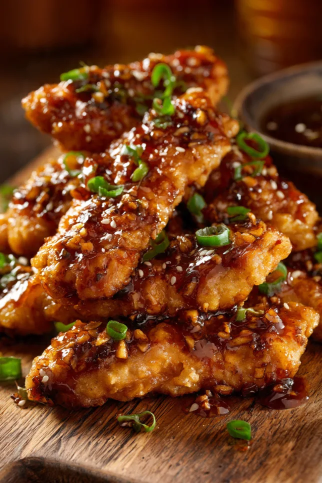 Crispy spicy honey garlic chicken strips glazed in sticky sauce on a wooden board with sesame seeds and green onions