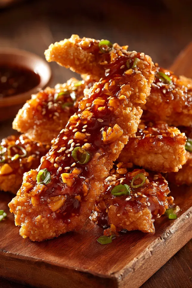 Crispy spicy honey garlic chicken strips glazed in sticky sauce on a wooden board with sesame seeds and green onions