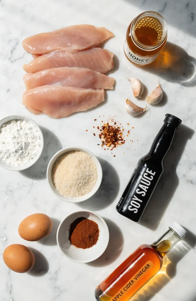 Flat lay of ingredients for spicy honey garlic chicken strips including raw chicken, honey, garlic, panko, and spices on white marble
