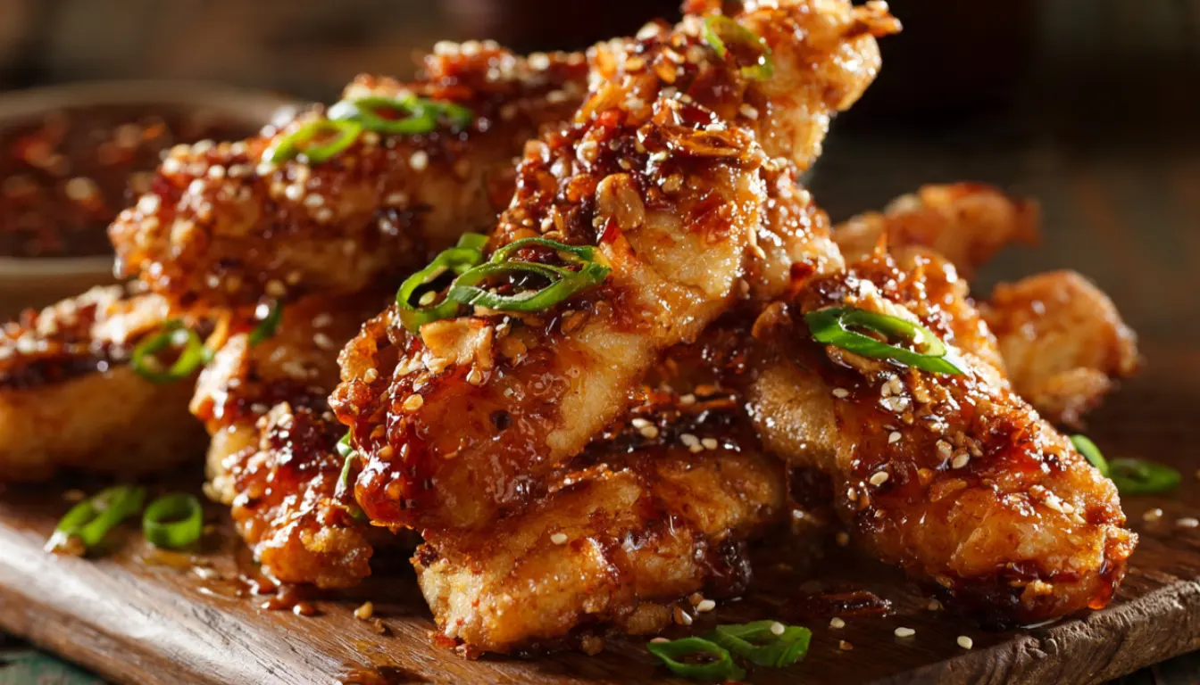 Crispy spicy honey garlic chicken strips glazed in sticky sauce on a wooden board with sesame seeds and green onions