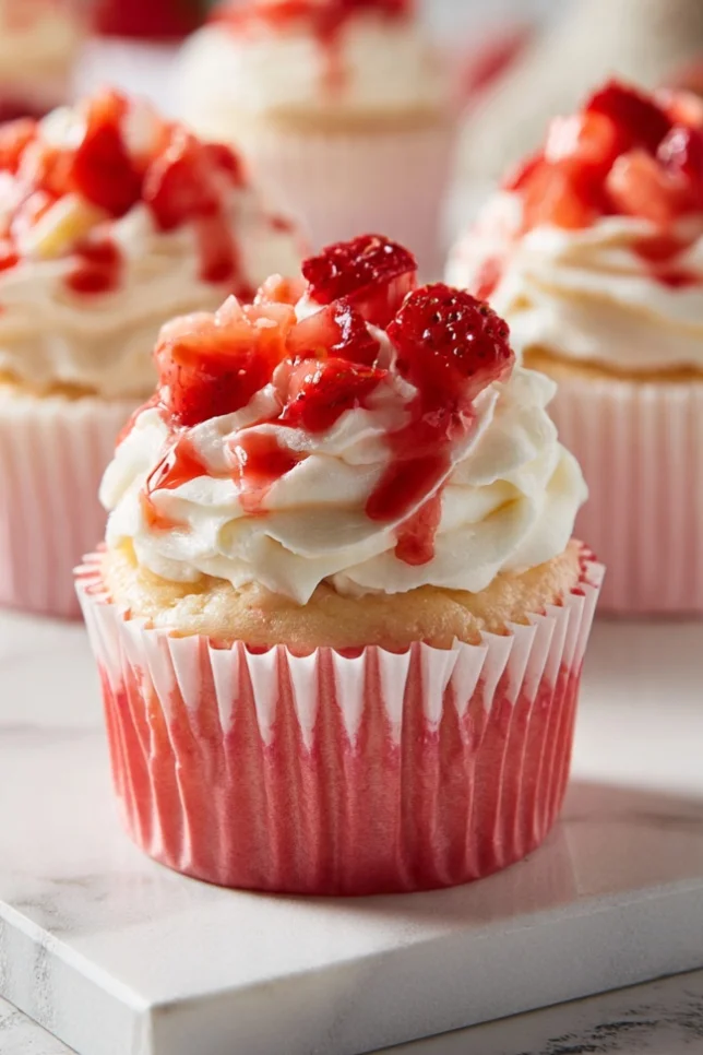 Homemade strawberry cheesecake cupcakes with cream cheese frosting and fresh strawberries on top, arranged on white marble surface