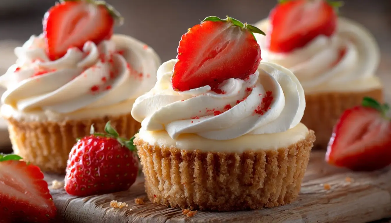 Homemade strawberry cheesecake cupcakes with cream cheese frosting and fresh strawberries on top, arranged on white marble surface