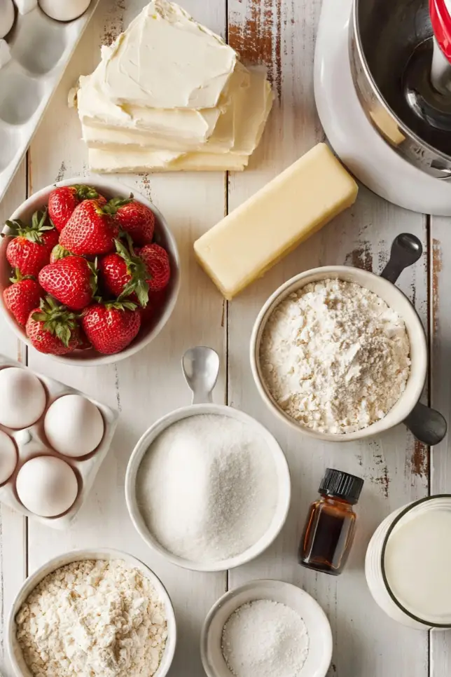 All ingredients for strawberry cheesecake cupcakes including cream cheese, butter, strawberries, eggs, flour, and sugar arranged on white background
