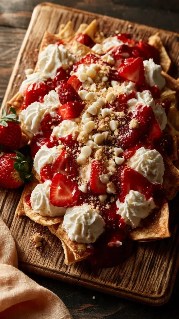 Overhead view of strawberry cheesecake nachos on a rustic wooden board topped with cheesecake cream, fresh strawberries, and strawberry sauce drizzle