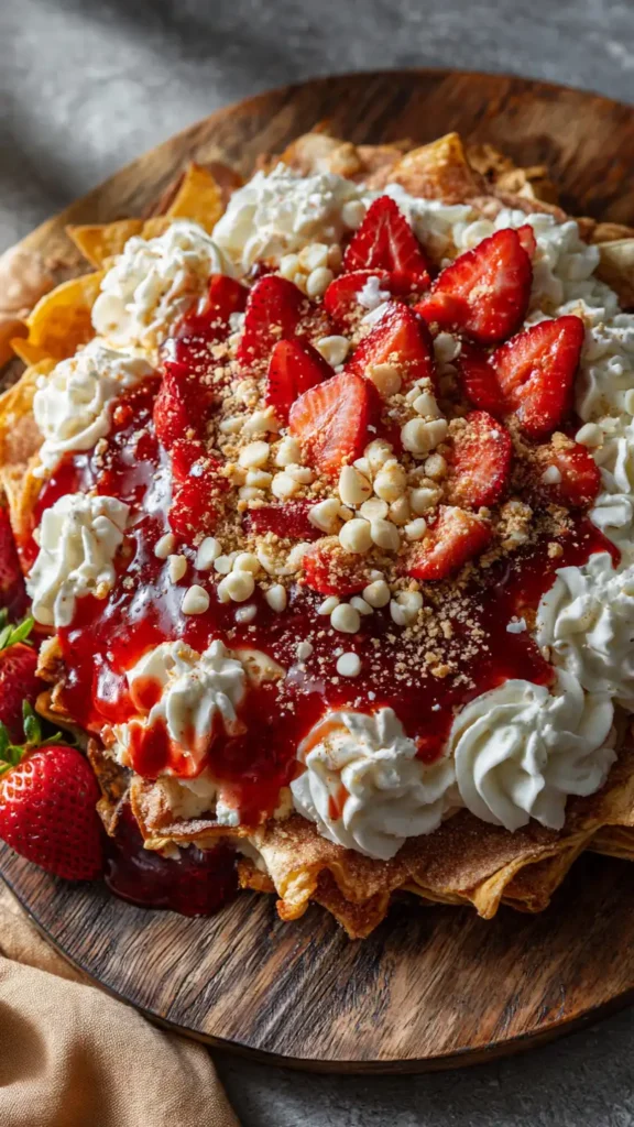 Overhead view of strawberry cheesecake nachos on a rustic wooden board topped with cheesecake cream, fresh strawberries, and strawberry sauce drizzle