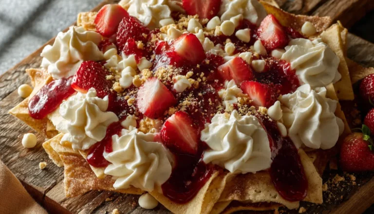 Overhead view of strawberry cheesecake nachos on a rustic wooden board topped with cheesecake cream, fresh strawberries, and strawberry sauce drizzle
