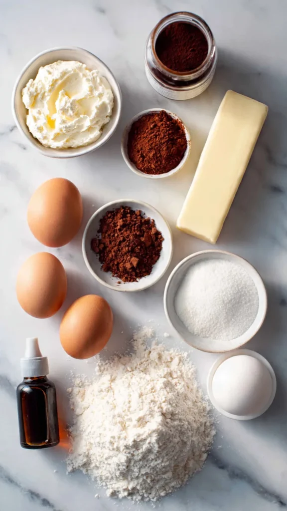 All ingredients for tiramisu brownies laid out on marble including mascarpone, cocoa powder, eggs, butter, and espresso powder