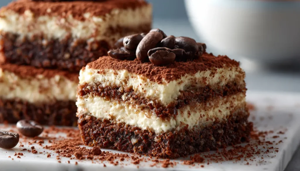 Tiramisu brownies dusted with cocoa powder and topped with espresso beans on a white marble surface