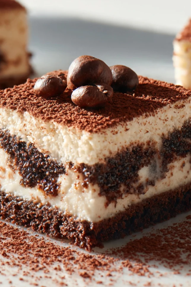 Tiramisu brownies dusted with cocoa powder and topped with espresso beans on a white marble surface