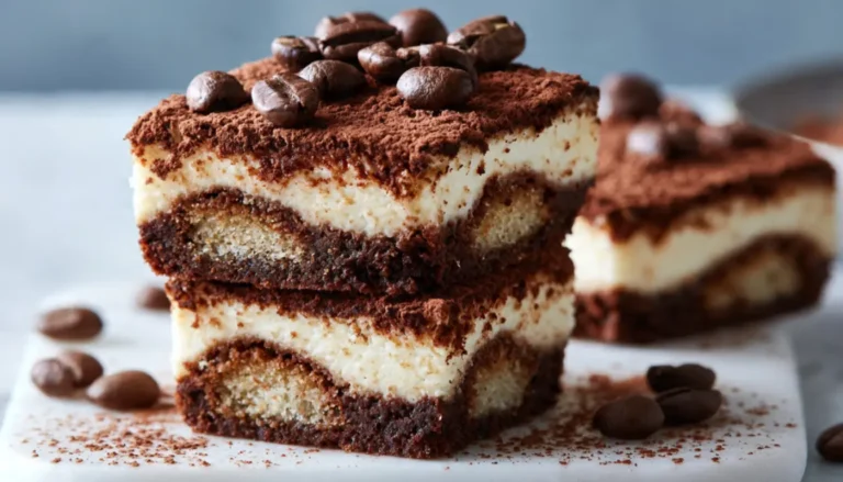 Tiramisu brownies dusted with cocoa powder and topped with espresso beans on a white marble surface