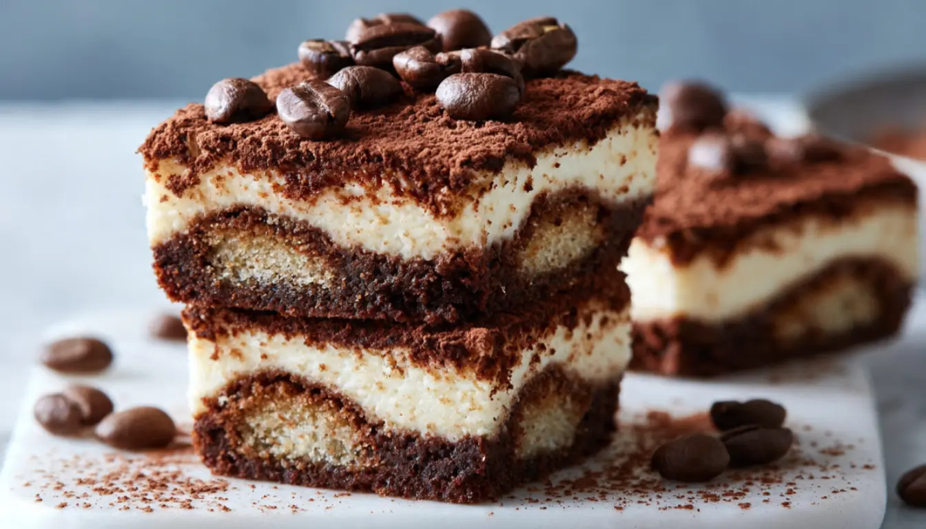 Tiramisu brownies dusted with cocoa powder and topped with espresso beans on a white marble surface
