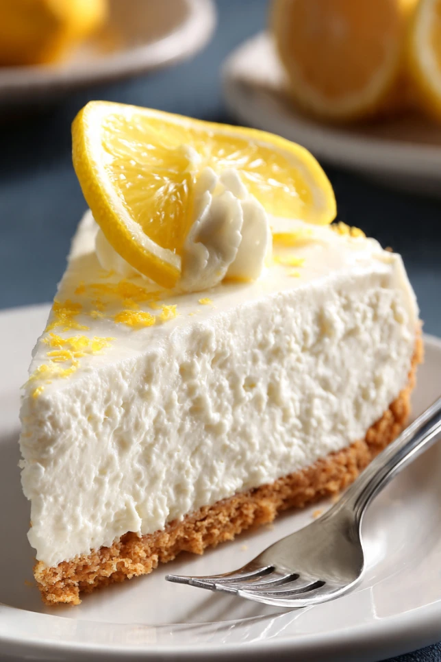Authentic Woolworth cheesecake in a glass baking dish with a slice lifted showing the light fluffy texture