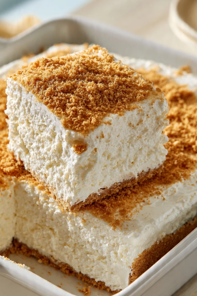 Authentic Woolworth cheesecake in a glass baking dish with a slice lifted showing the light fluffy texture