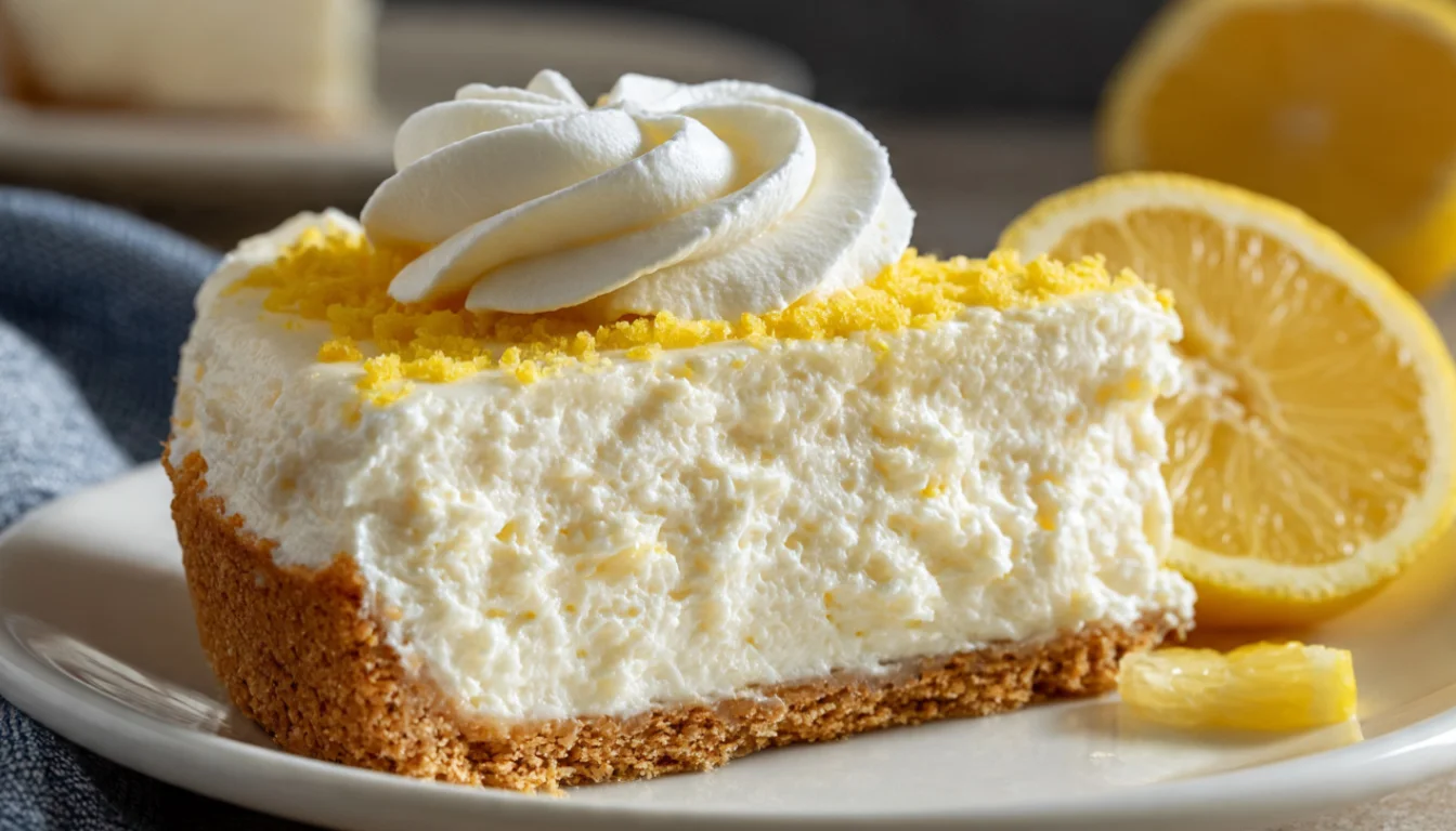 Authentic Woolworth cheesecake in a glass baking dish with a slice lifted showing the light fluffy texture