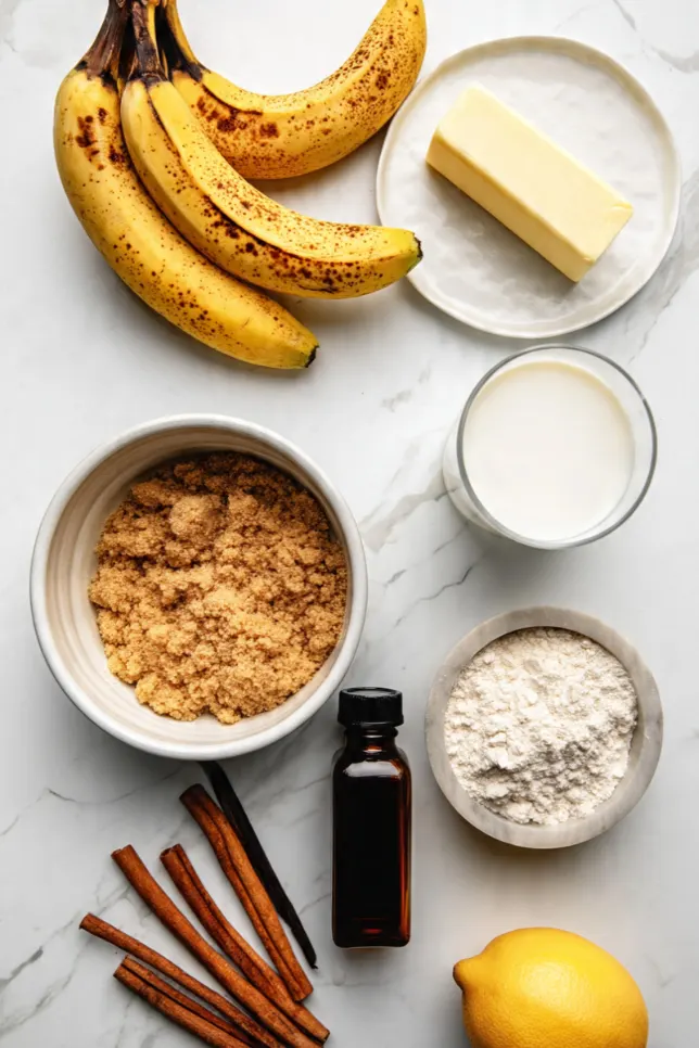 Flat lay of Southern banana cobbler ingredients including ripe bananas, brown sugar, butter, flour, milk, cinnamon and vanilla