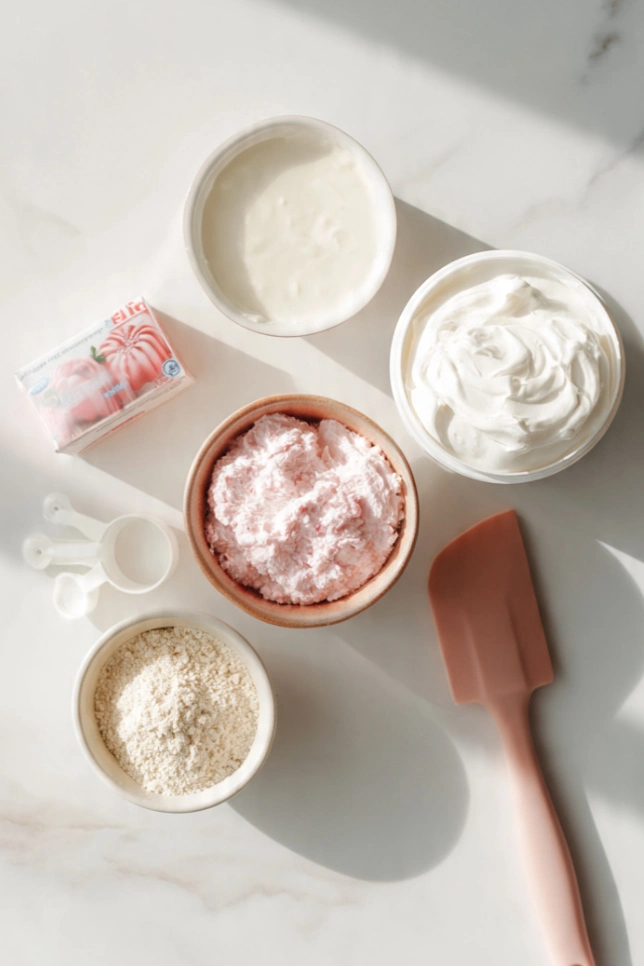 Ingredients for bariatric jello fluff laid out on a marble surface including sugar-free Jello, Greek yogurt, whipped topping, and protein powder