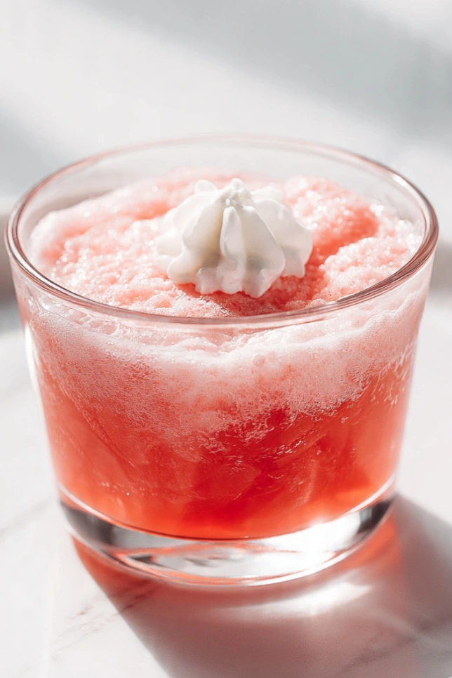 Bariatric jello fluff served in a glass cup topped with whipped cream on a white marble surface