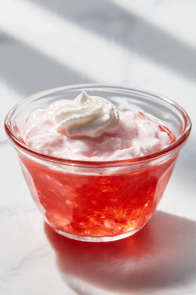 Bariatric jello fluff served in a glass cup topped with whipped cream on a white marble surface