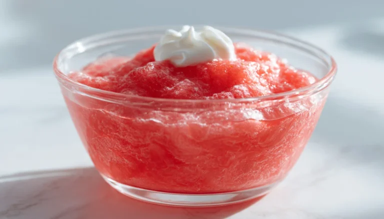 Bariatric jello fluff served in a glass cup topped with whipped cream on a white marble surface
