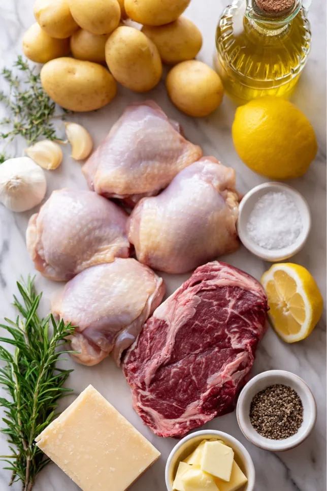 Fresh raw ingredients for slow-cooked garlic butter chicken and ribeye including chicken thighs, ribeye steak, Yukon Gold potatoes, garlic, herbs, butter, and Parmesan