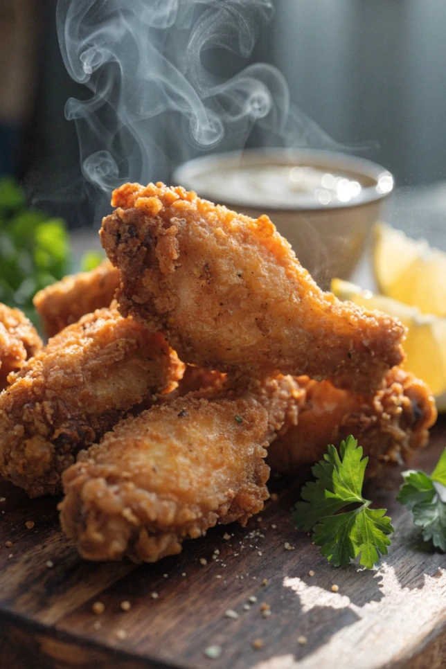 Golden crispy fried chicken wings piled on a wooden board with dipping sauce