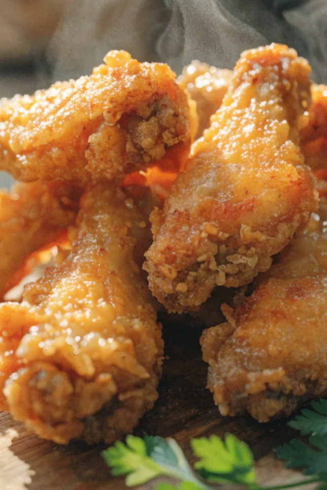 Golden crispy fried chicken wings piled on a wooden board with dipping sauce