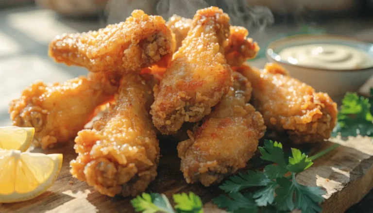 Golden crispy fried chicken wings piled on a wooden board with dipping sauce