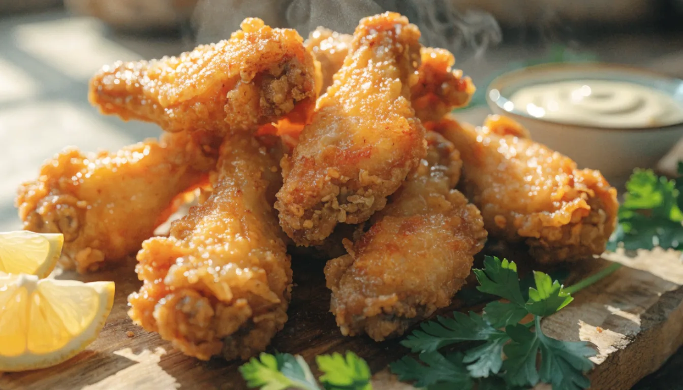 Golden crispy fried chicken wings piled on a wooden board with dipping sauce