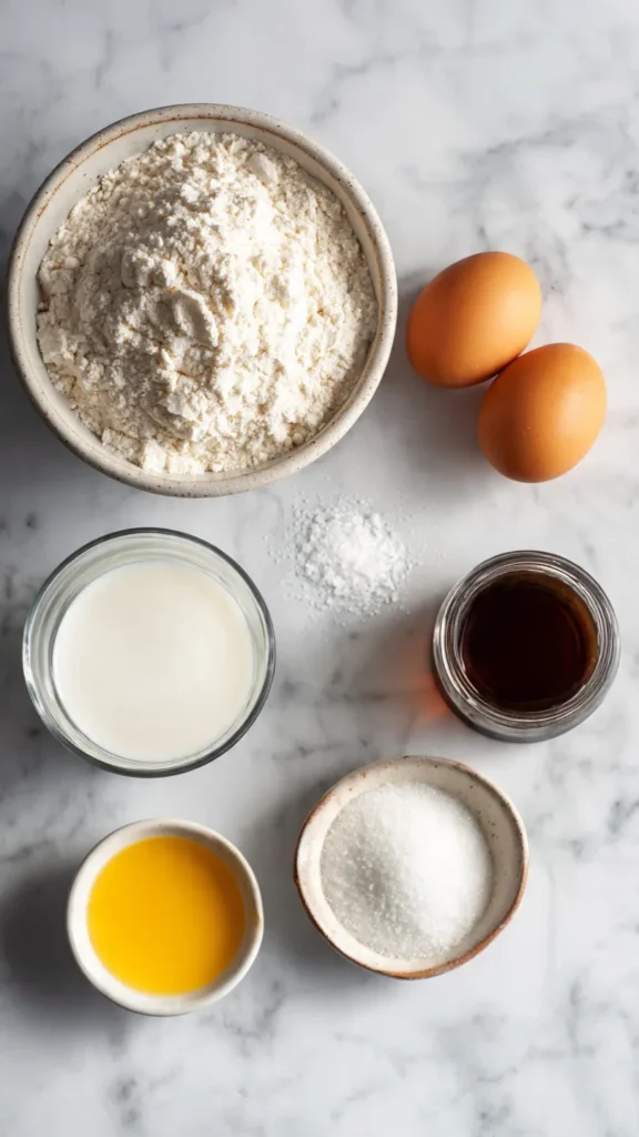 French crêpe ingredients laid out on marble including flour, eggs, milk, butter, and vanilla