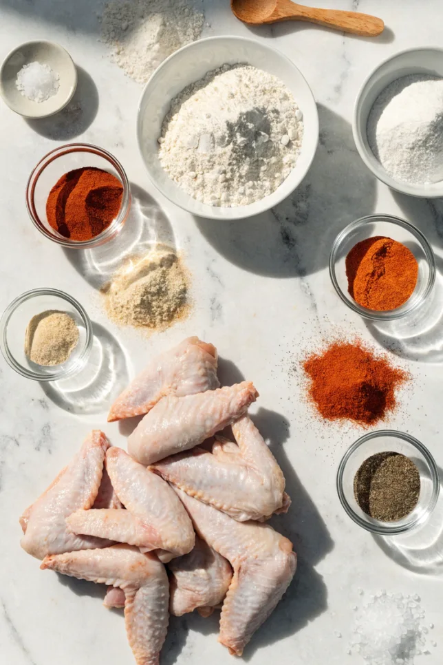 Raw chicken wings surrounded by spices and coating ingredients on a marble surface
