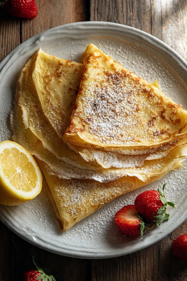 Stack of thin golden homemade French crêpes dusted with powdered sugar on a white plate