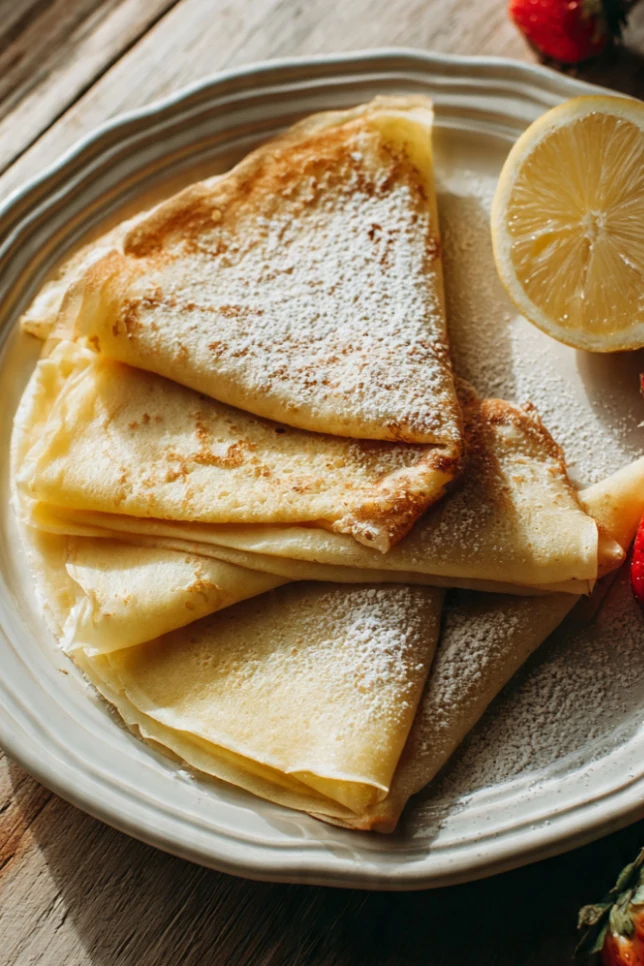 Stack of thin golden homemade French crêpes dusted with powdered sugar on a white plate