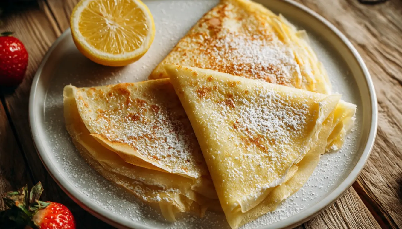 Stack of thin golden homemade French crêpes dusted with powdered sugar on a white plate